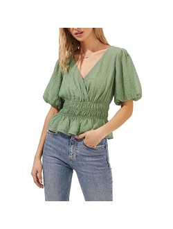 Crinkled Women's Surplice Puff Sleeve Blouse