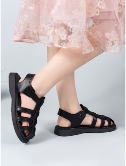 Girls Anti-slip Hook-and-loop Fastener Flat Sandals, Fashionable White Gladiator Sandals For Outdoor