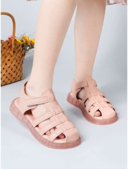 Girls Anti-slip Hook-and-loop Fastener Flat Sandals, Fashionable White Gladiator Sandals For Outdoor