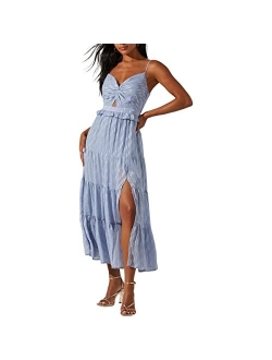 Women's Embroidered Ruffle Trim Cut Out Sleeveless Midi Dress