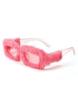 Women Plush Fuzzy Small Rectangle Sunglasses Punk Soft Velvet Shades Ladies Handmade Party Cosplay Eyewear B4093