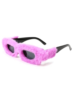 Women Plush Fuzzy Small Rectangle Sunglasses Punk Soft Velvet Shades Ladies Handmade Party Cosplay Eyewear B4093