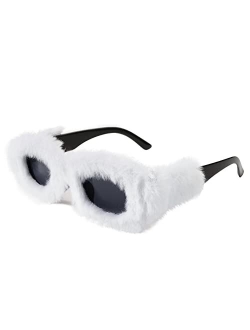 Women Plush Fuzzy Small Rectangle Sunglasses Punk Soft Velvet Shades Ladies Handmade Party Cosplay Eyewear B4093