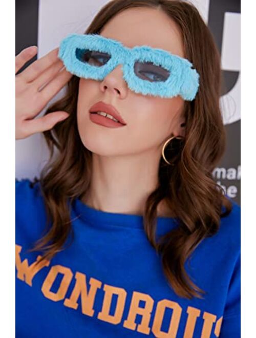 FEISEDY Women Plush Fuzzy Small Rectangle Sunglasses Punk Soft Velvet Shades Ladies Handmade Party Cosplay Eyewear B4093