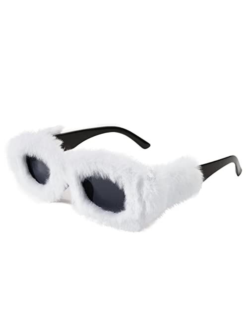 FEISEDY Women Plush Fuzzy Small Rectangle Sunglasses Punk Soft Velvet Shades Ladies Handmade Party Cosplay Eyewear B4093