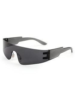 Futuristic Visor Punk Sunglasses Rimless One Piece Goggles Miorred Shades Women Men B2927