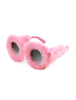 Women Plush Fuzzy Round Sunglasses Punk Soft Velvet Shades Ladies Handmade Party Cosplay Eyewear B2889