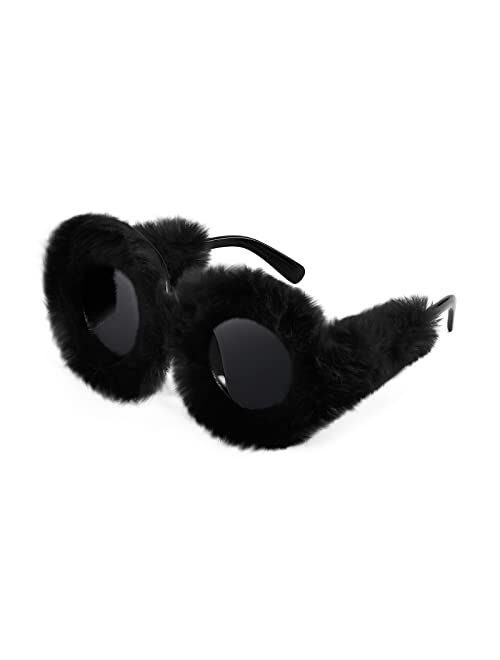 FEISEDY Women Plush Fuzzy Round Sunglasses Punk Soft Velvet Shades Ladies Handmade Party Cosplay Eyewear B2889