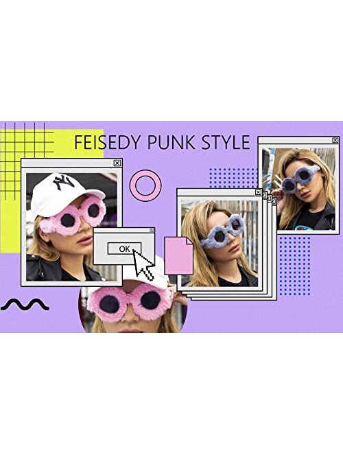 FEISEDY Women Plush Fuzzy Round Sunglasses Punk Soft Velvet Shades Ladies Handmade Party Cosplay Eyewear B2889