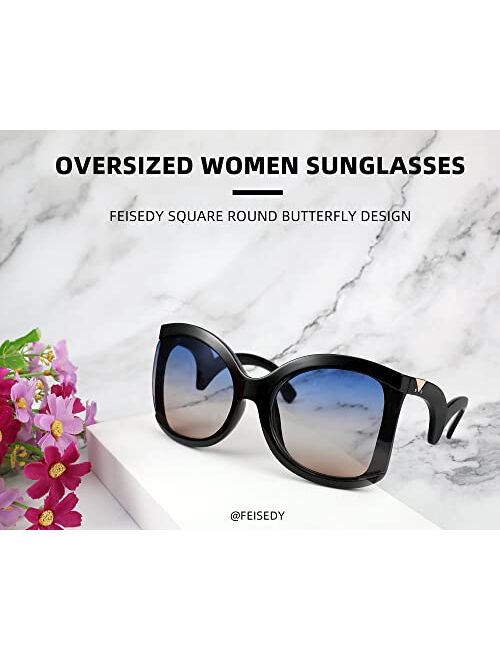 FEISEDY Oversized Square Butterfly Sunglasses Curved Curly Arm Frame Women's Fashion Shades B4035