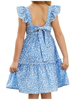 Girls Floral Dress Tie Back Flutter Sleeves Casual Summer Dresses for 6-12Y