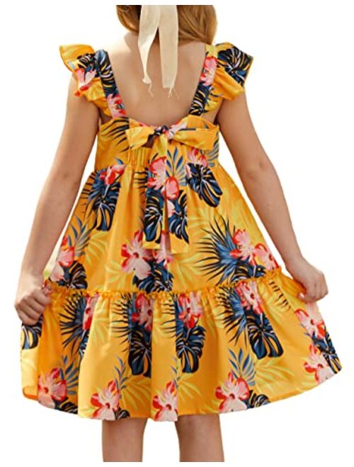 GRACE KARIN Girls Floral Dress Tie Back Flutter Sleeves Casual Summer Dresses for 6-12Y