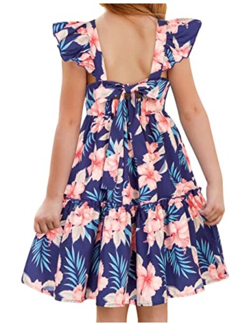 GRACE KARIN Girls Floral Dress Tie Back Flutter Sleeves Casual Summer Dresses for 6-12Y