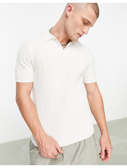 River Island Waffle Knit Polo In White