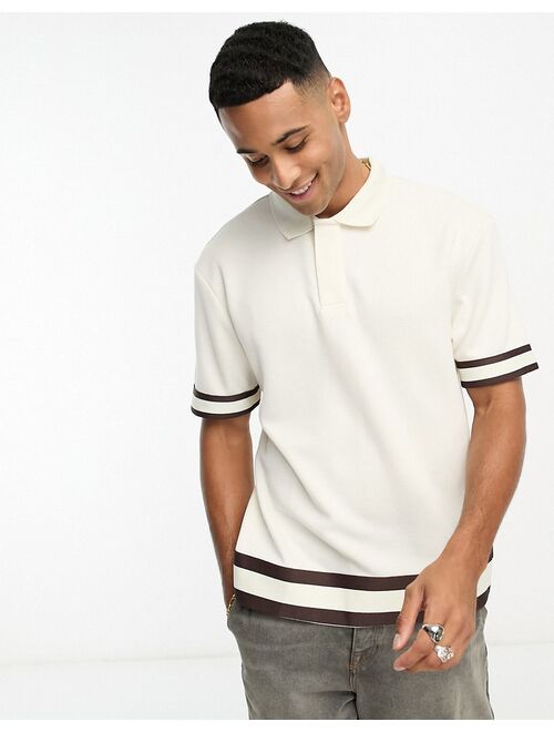 River Island slim taped polo in ecru