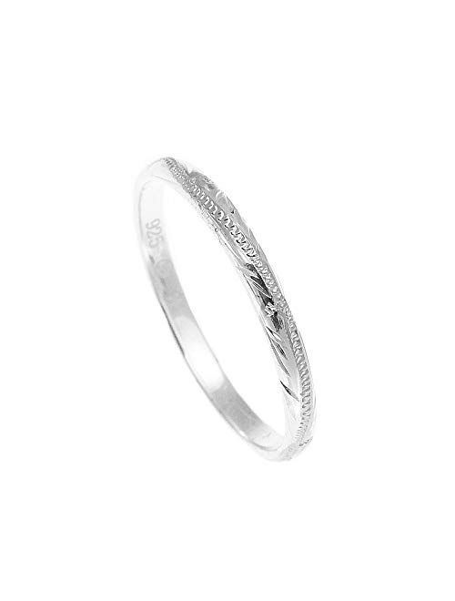 Arthur's Jewelry Sterling Silver 925 2mm Hawaiian Scroll Hand Engraved Ring Band Size 1 to 9