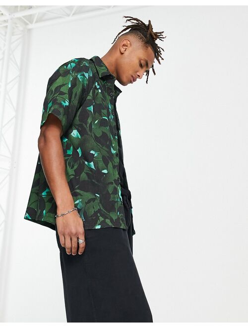 River Island short sleeve inky leaves printed shirt in dark green