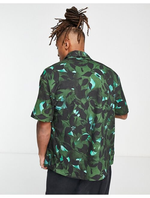 River Island short sleeve inky leaves printed shirt in dark green