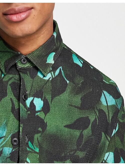 River Island short sleeve inky leaves printed shirt in dark green