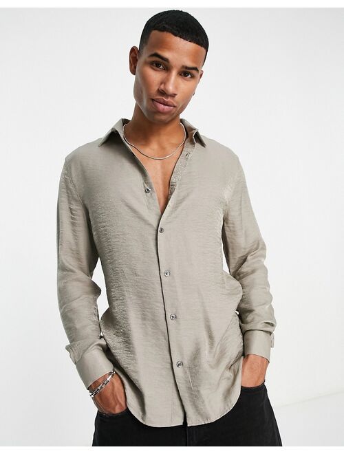 River Island long sleeve metallic shirt in stone