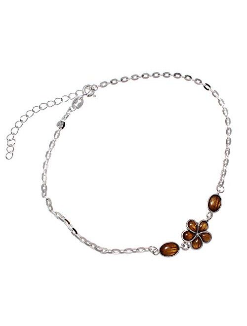 Arthur's Jewelry 925 Sterling Silver Hawaiian Genuine koa Wood Plumeria Flower Anklet 9"+