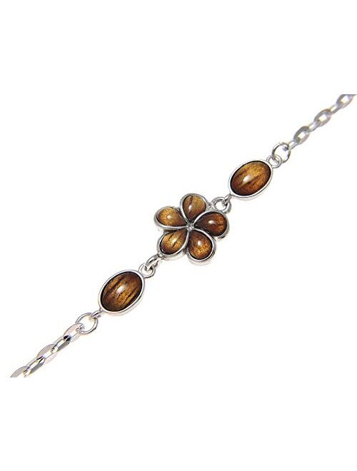 Arthur's Jewelry 925 Sterling Silver Hawaiian Genuine koa Wood Plumeria Flower Anklet 9"+