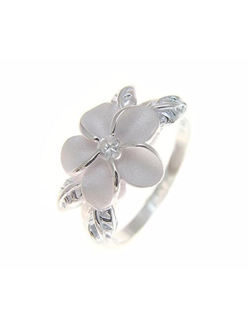 Arthur's Jewelry Sterling Silver 925 Hawaiian 12mm Plumeria Flower Maile Leaf White cz Ring Size 1 to 11