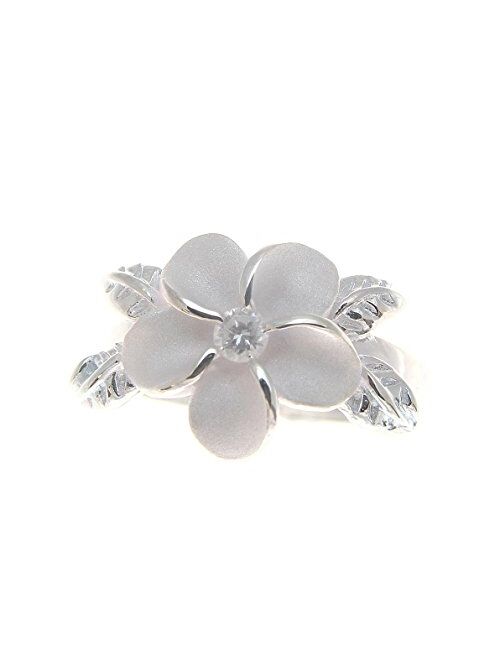 Arthur's Jewelry Sterling Silver 925 Hawaiian 12mm Plumeria Flower Maile Leaf White cz Ring Size 1 to 11