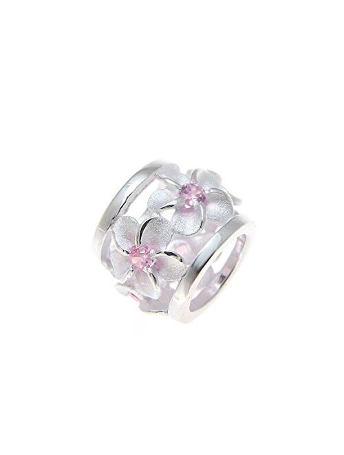 Arthur's Jewelry 925 Sterling Silver Hawaiian Plumeria Flower Barrel Slide Pendant Pink cz 9mm