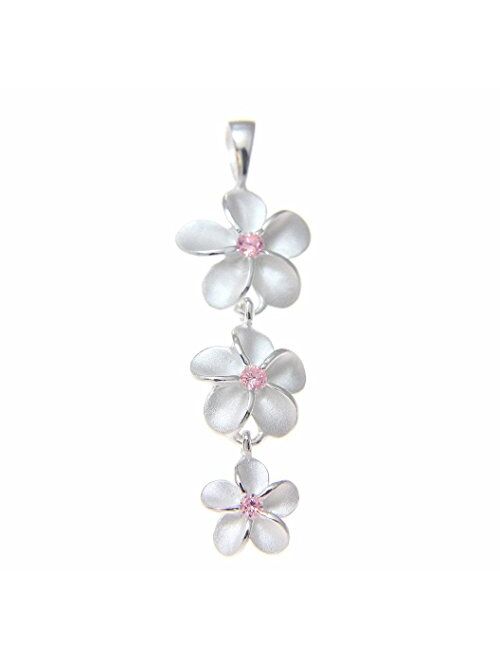 Arthur's Jewelry 925 Sterling Silver Hawaiian 3 Plumeria Flower Dangle Pendant Pink cz