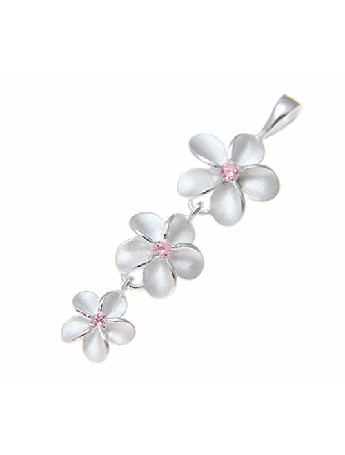 Arthur's Jewelry 925 Sterling Silver Hawaiian 3 Plumeria Flower Dangle Pendant Pink cz