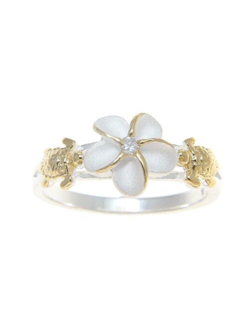 Arthur's Jewelry Sterling Silver 925 Hawaiian Plumeria Flower cz Turtle Ring 2 Tone Yellow Gold Plated Size 3 to 13