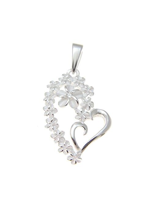 Arthur's Jewelry 925 sterling silver 13 Hawaiian plumeria flower sand blast finished heart design pendant