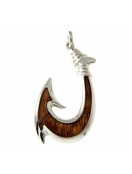 Arthur's Jewelry Koa Wood Hawaiian Wave Fish Hook Rhodium Plated Brass Reversible Pendant