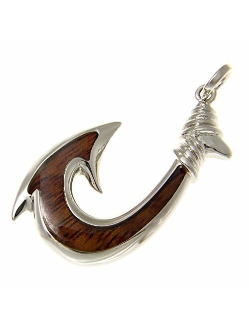 Arthur's Jewelry Koa Wood Hawaiian Wave Fish Hook Rhodium Plated Brass Reversible Pendant