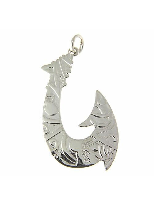 Arthur's Jewelry Koa Wood Hawaiian Wave Fish Hook Rhodium Plated Brass Reversible Pendant