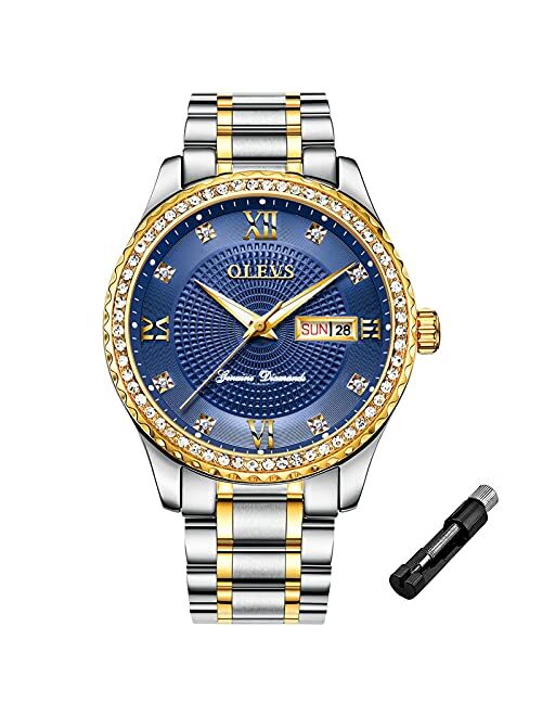 OLEVS Male Wrist Watches, Analog Quartz Business Stainless Steel Waterproof Luminous Watches Luxury Casual Classic Glamour Big Diamond Dial Date Multi-Function Chronograp