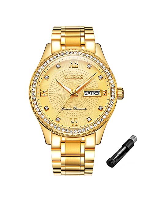 OLEVS Male Wrist Watches, Analog Quartz Business Stainless Steel Waterproof Luminous Watches Luxury Casual Classic Glamour Big Diamond Dial Date Multi-Function Chronograp