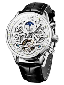 Men's Watch Leather Skeleton Automatic Mechanical Tourbillon Calendar Moon Phase Luminous Waterproof Luxury Business Wristwatch