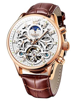 Men's Watch Leather Skeleton Automatic Mechanical Tourbillon Calendar Moon Phase Luminous Waterproof Luxury Business Wristwatch