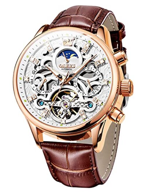 OLEVS Men's Watch Leather Skeleton Automatic Mechanical Tourbillon Calendar Moon Phase Luminous Waterproof Luxury Business Wristwatch