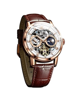 Men Skeleton Watch Automatic Winding Moon Phase Dress Luxury Genuine Leather Strap Waterproof Luminous Men Wrist Watch