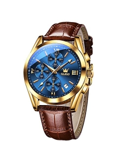 Men Watch Leather,Chronograph Men's Wrist Watches,Analog Dress Watches for Men with Day,Fashion Mens Watches Waterproof with Luminous,Brown/Black/Blue/White Dial