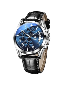 Men Watch Leather,Chronograph Men's Wrist Watches,Analog Dress Watches for Men with Day,Fashion Mens Watches Waterproof with Luminous,Brown/Black/Blue/White Dial