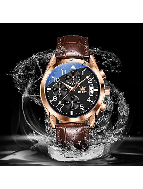 OLEVS Men Watch Leather,Chronograph Men's Wrist Watches,Analog Dress Watches for Men with Day,Fashion Mens Watches Waterproof with Luminous,Brown/Black/Blue/White Dial