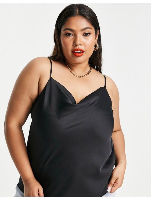 River Island Plus satin cowl neck cami in black