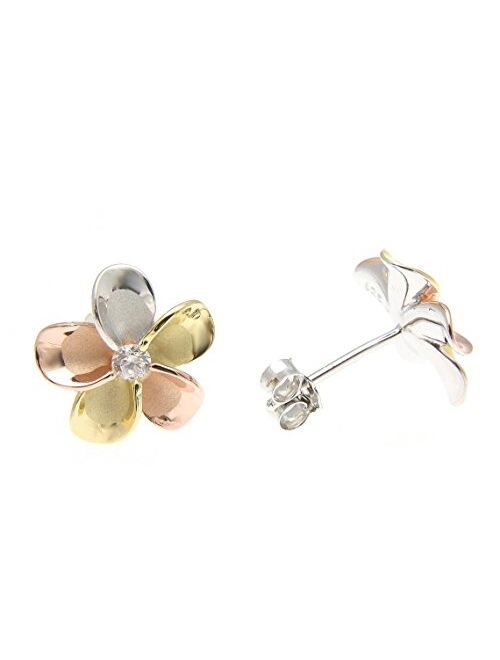 Arthur'S Jewelry 925 sterling silver yellow rose gold rhodium plated tricolor tricolor Hawaiian plumeria stud earrings cz 12mm