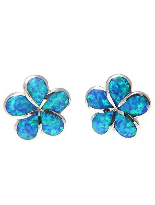 Arthur'S Jewelry 925 sterling silver Hawaiian 12mm plumeria flower blue synthetic opal post stud earrings