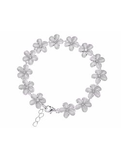 925 Sterling Silver Hawaiian Plumeria Flower Link Bracelet cz 10mm 7"