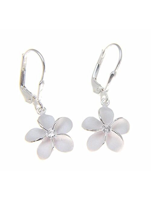 Arthur'S Jewelry Sterling silver 925 Hawaiian plumeria flower cz leverback earrings 15mm